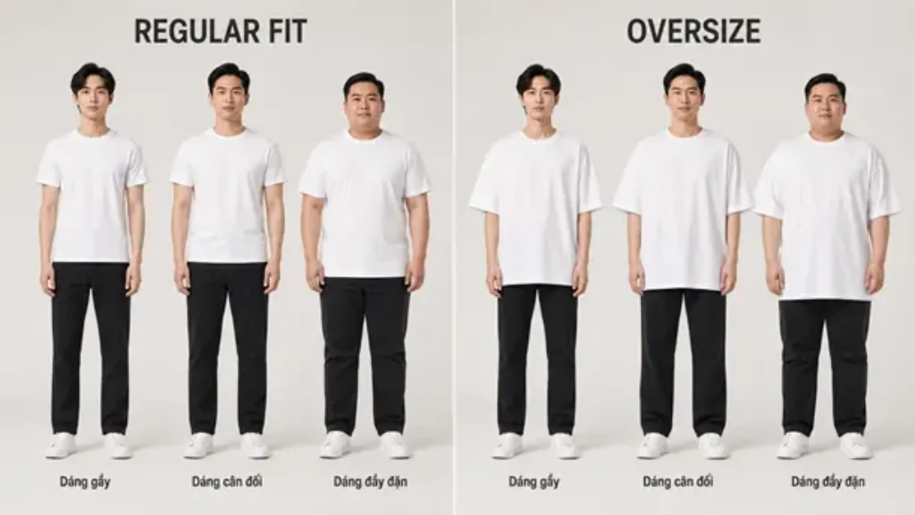 So sánh form áo thun trơn Regular Fit và Oversize trên ba dáng người